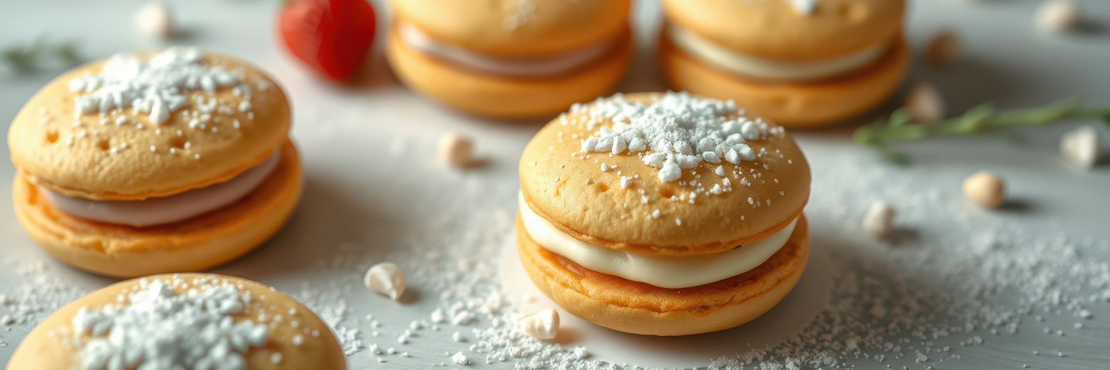 Delicious golden cookies filled with cream and topped with powdered sugar on a light background